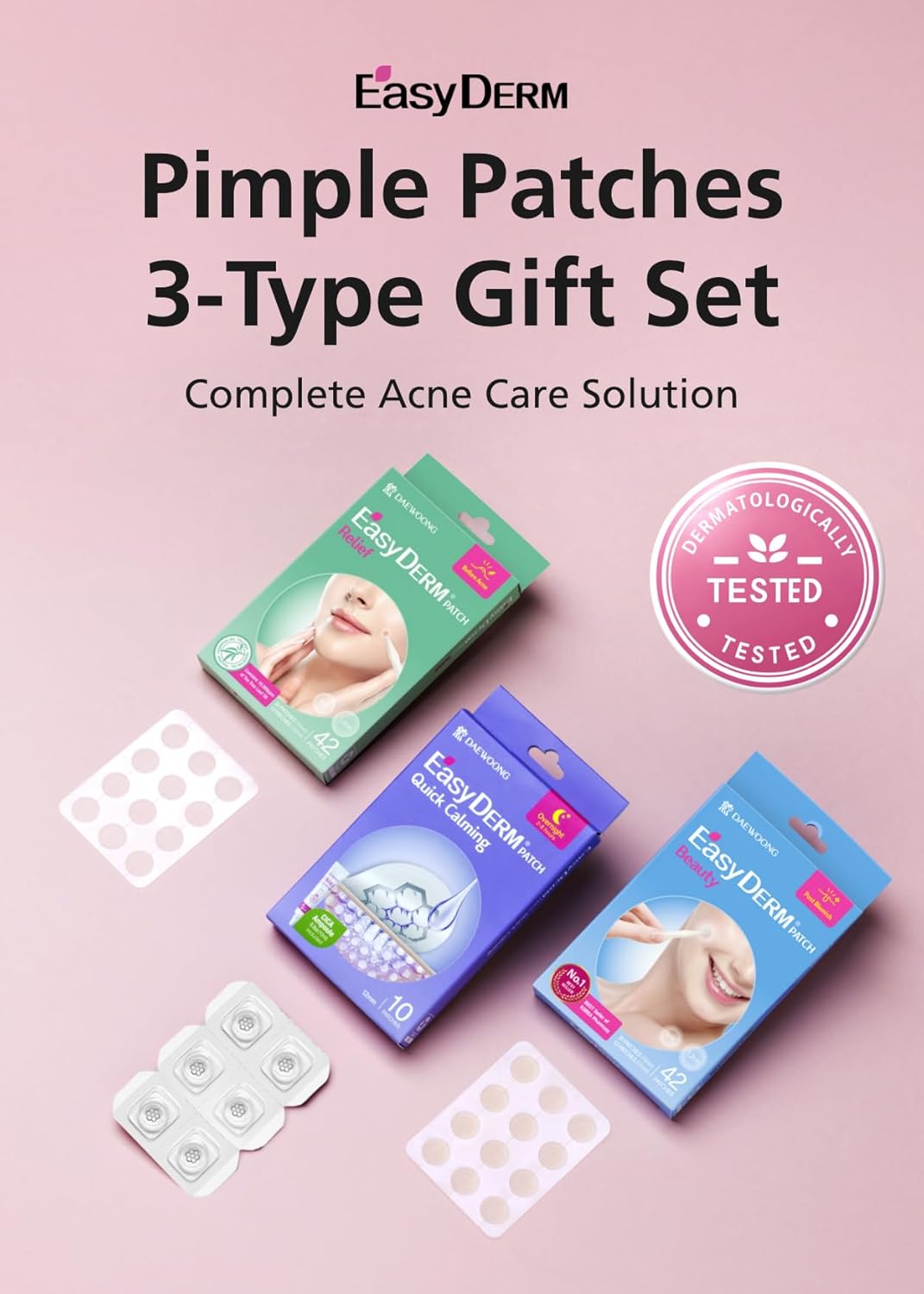 EasyDerm 3-Type Pimple Patches Gift Set, Acne care soluution, Korean Spot Patch to Cover ZitsㅣQuick Calming(10ea) + Relief(42ea) + Beauty Patches(42ea)ㅣTrendy Teen girl gifts Back to School MUST HAVE