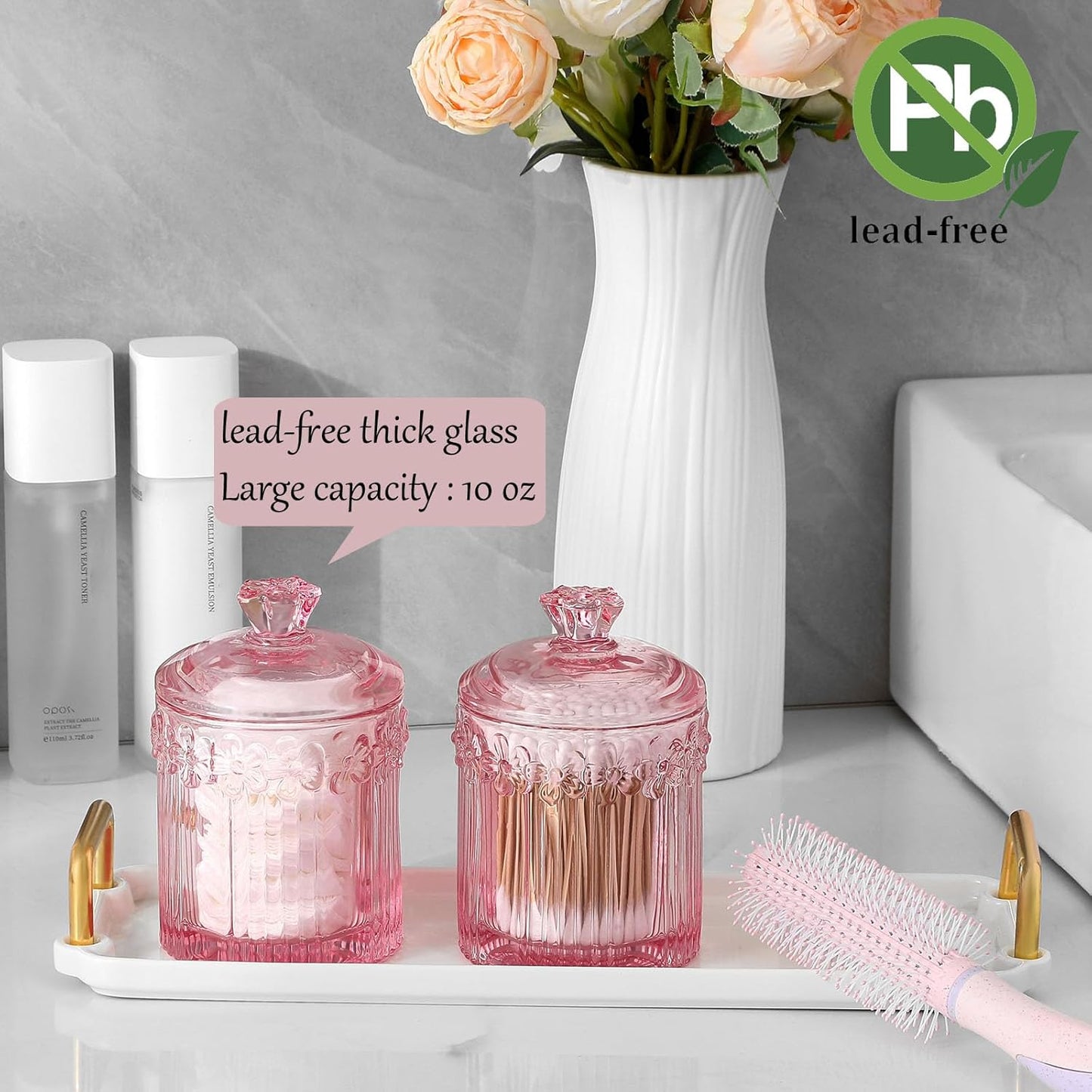 rejomiik 2 Pack Qtip Holder Glass Apothecary Jars with Lids Set Bathroom Canisters Dispenser Organizers and Storage for Cotton Swabs, Balls, Pads, Floss Picks, Candy, Pink