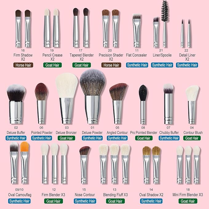 Bueart Design Pro makeup Artist 34Pcs Deluxe Real Goat Hair Horse hair Makeup Brushes Set with extra Large Holder High End Professional labeled makeup brush set with natural Pony Hair