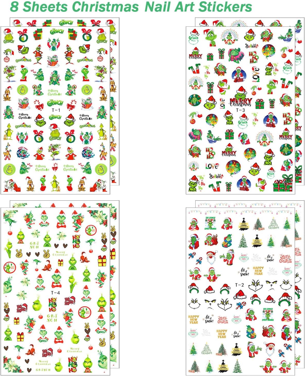 8 Sheets Christmas Nail Art Stickers - 3D Christmas Nail Decals with Xmas Tree, Santa Claus Designs - Holiday, Winter Nail Stickers for Women, Girls & Kids