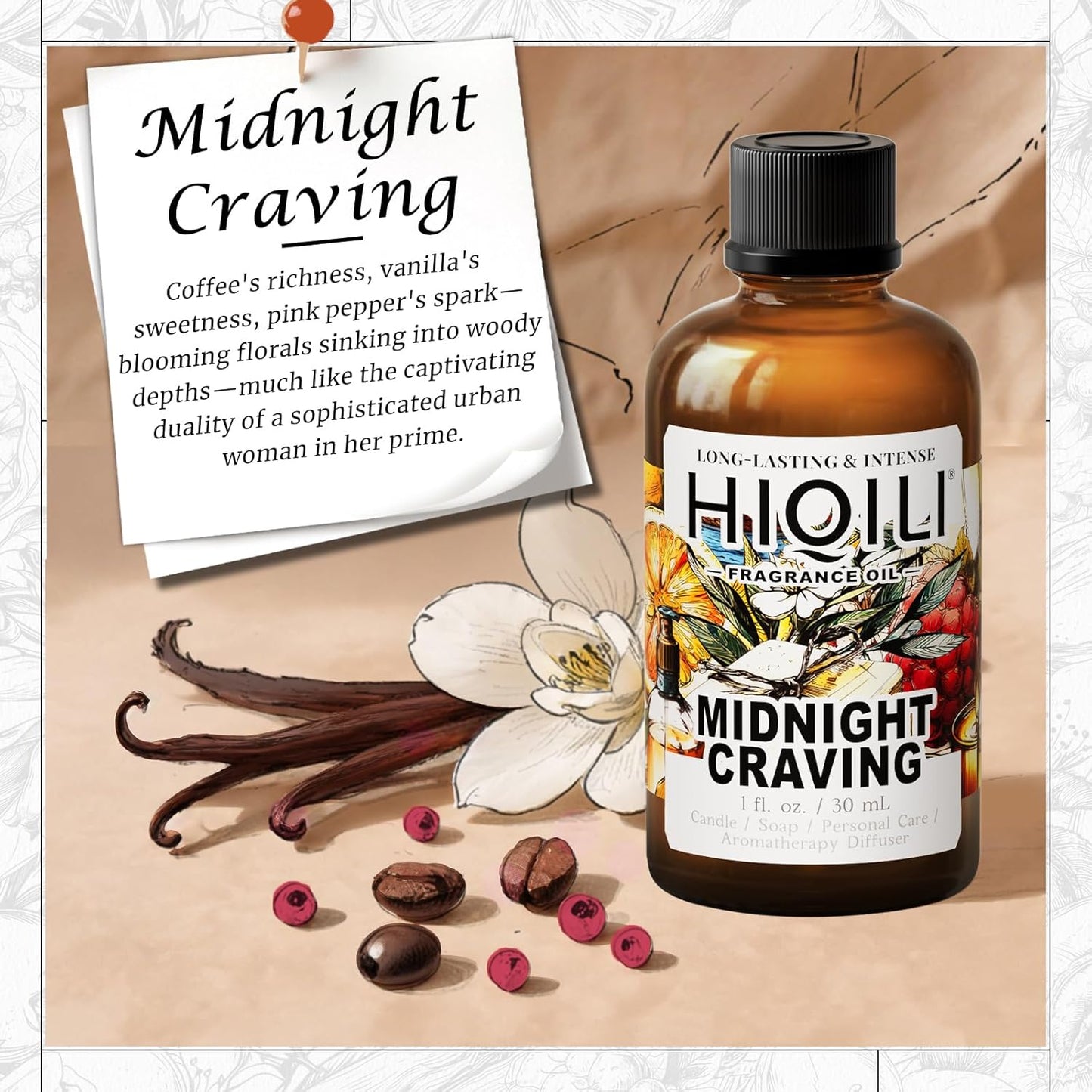 HIQILI Midnight Craving Fragrance Oil, Inspired by Y S.L's B.Lack O.pium, for Diffuser, Candle & Soap & Perfume Balm Making, Sweet Gourmand Aroma- 1 Fl Oz