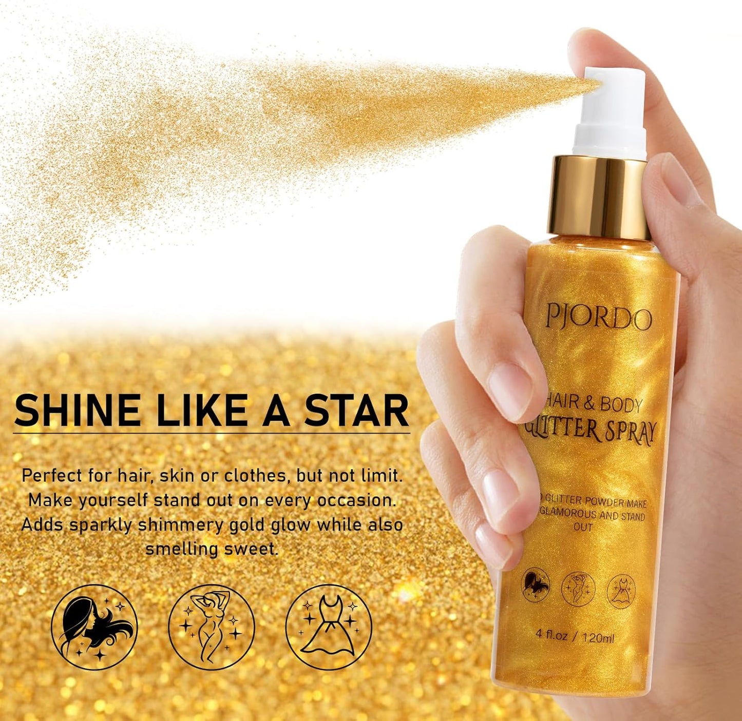 Body Glitter Spray, Shimmer Spray, Gold Glitter for Hair and Body, Glitter Hairspray, Spray for Women Makeup Party Festival Rave 4FL.OZ