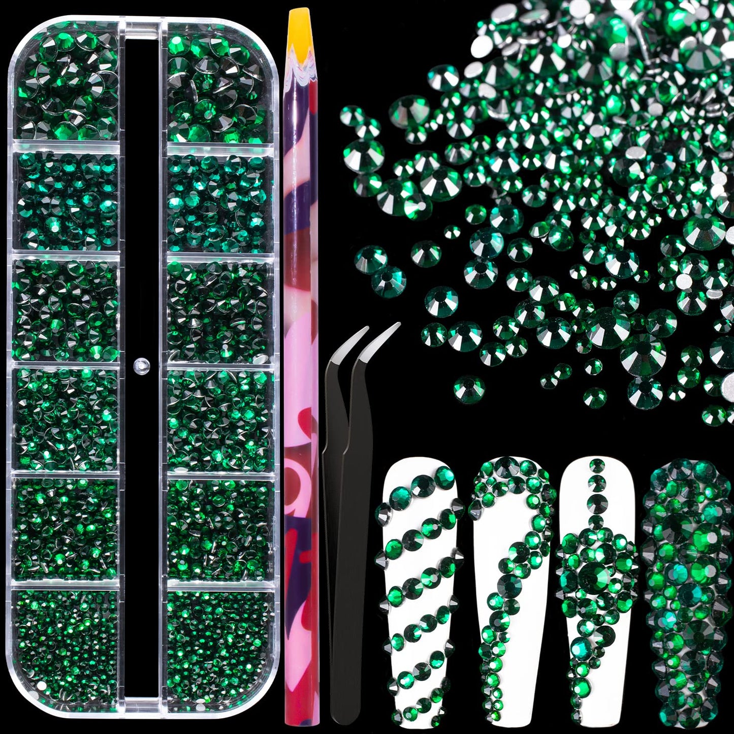 6 Sizes Green Glass Crystal Kit with Pickup Pen + Tweezer Tools for Shine Nail Art Manicure Makeup DIY Decoration Flatback Round Rhinestone Gem Jewelry Diamond