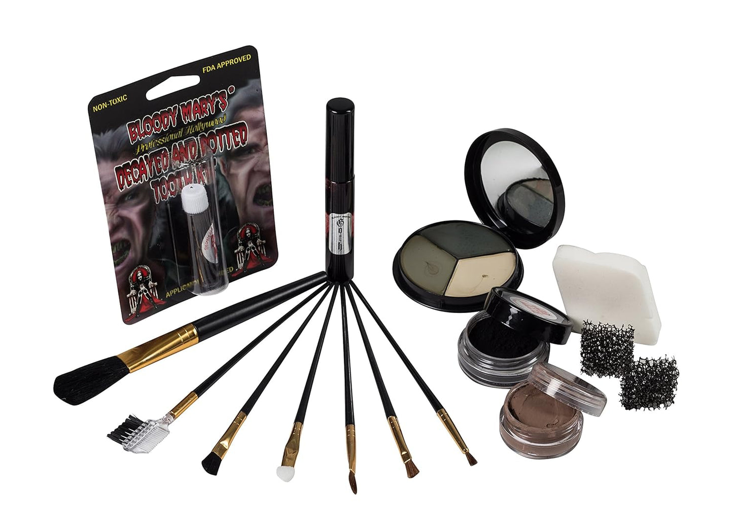 The Aftermath Zombie Starter Makeup Kit By Bloody Mary - Professional Special Effects Supplies - Tri Color Foundation Wheel, Eyeshadow, Tooth Decay, Rotted Teeth, FX Blood, Eyeliner, Sponges, Brushes