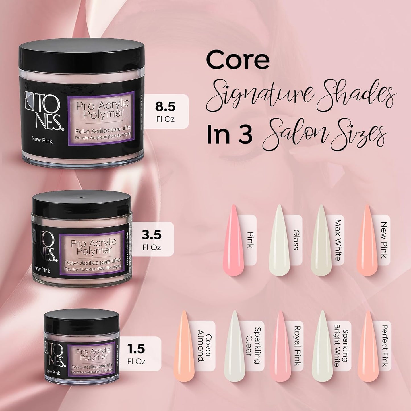 Tones Pro Acrylic Nail Powder, New Pink (Fresh Peach-Toned Pink), (3.5 Fl Oz) - Long-Lasting & Non-Yellowing Polymer for Salon Quality Nail Extensions & 3D Art