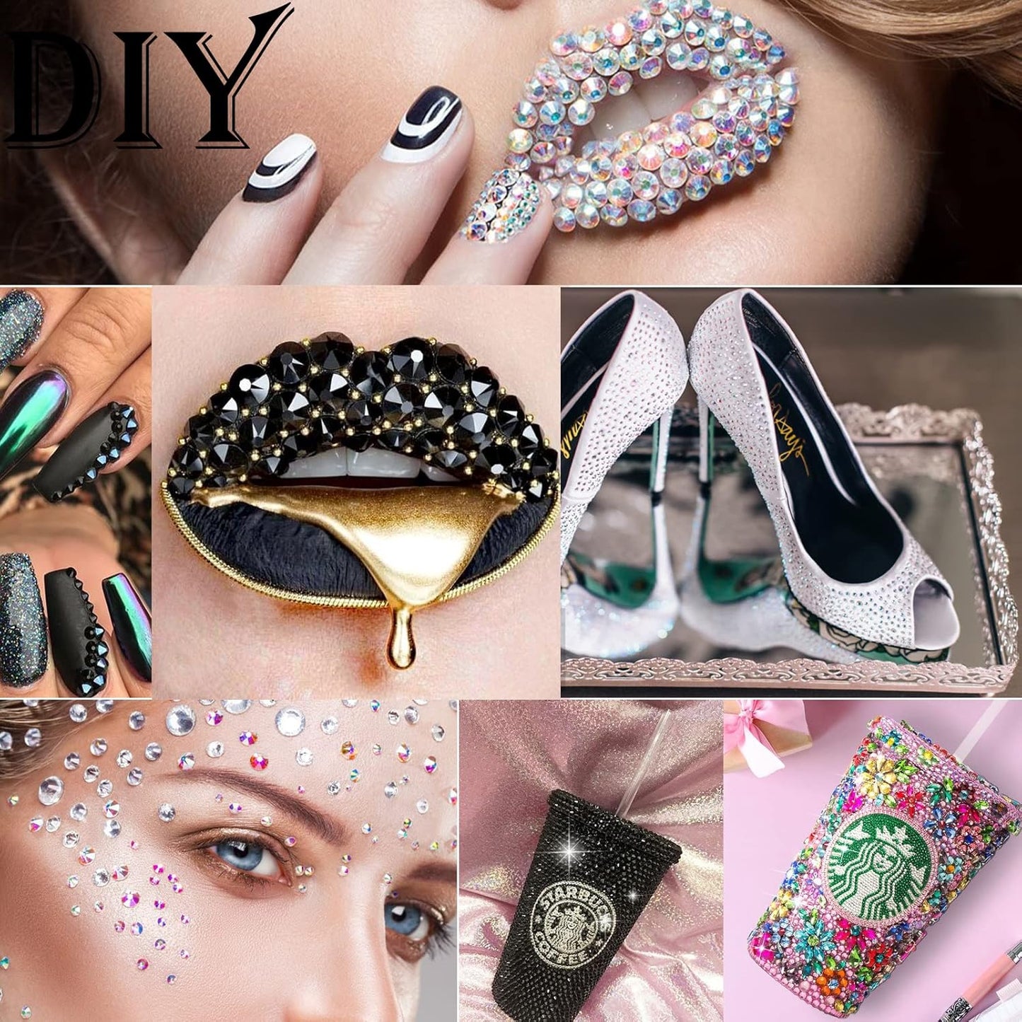 Canvalite 2784PCS Black Rhinestones Flat Back Gems, Nail Rhinestones Nail Art Gems with 5Pcs Jewelry Glues, Tweezers and Rhinestone Picker, Nail Art Tools for Nails, Clothes, Face, Crafts