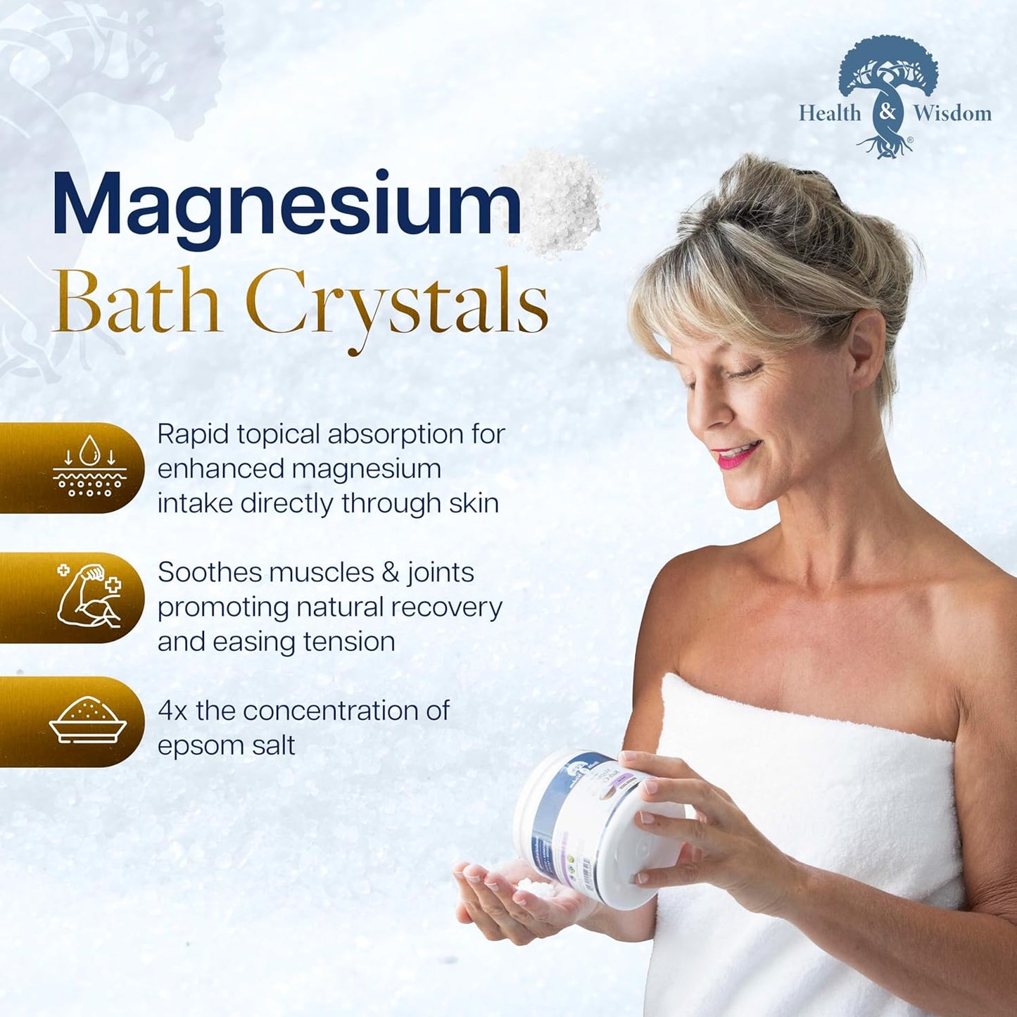 Health and Wisdom Magnesium Bath Crystals - Bath Salts with High Concentration & Enhanced Absorption for Muscle & Joint Relief - Dead Sea Sourced - Unscented - 2.6 oz - Single Use