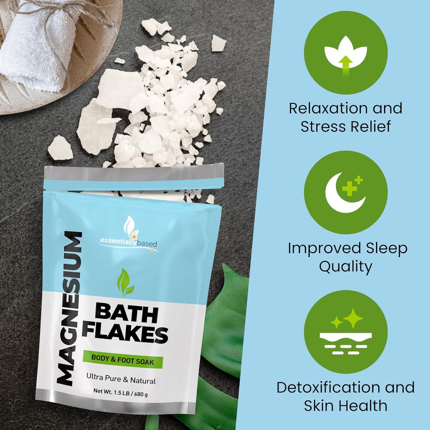 Magnesium Flakes - 1.5 LB Ultra Pure Magnesium Chloride Flakes in Resealable Pack - Use for Bath Soak or Foot Soak - A Better Alternative to Epsom Salt