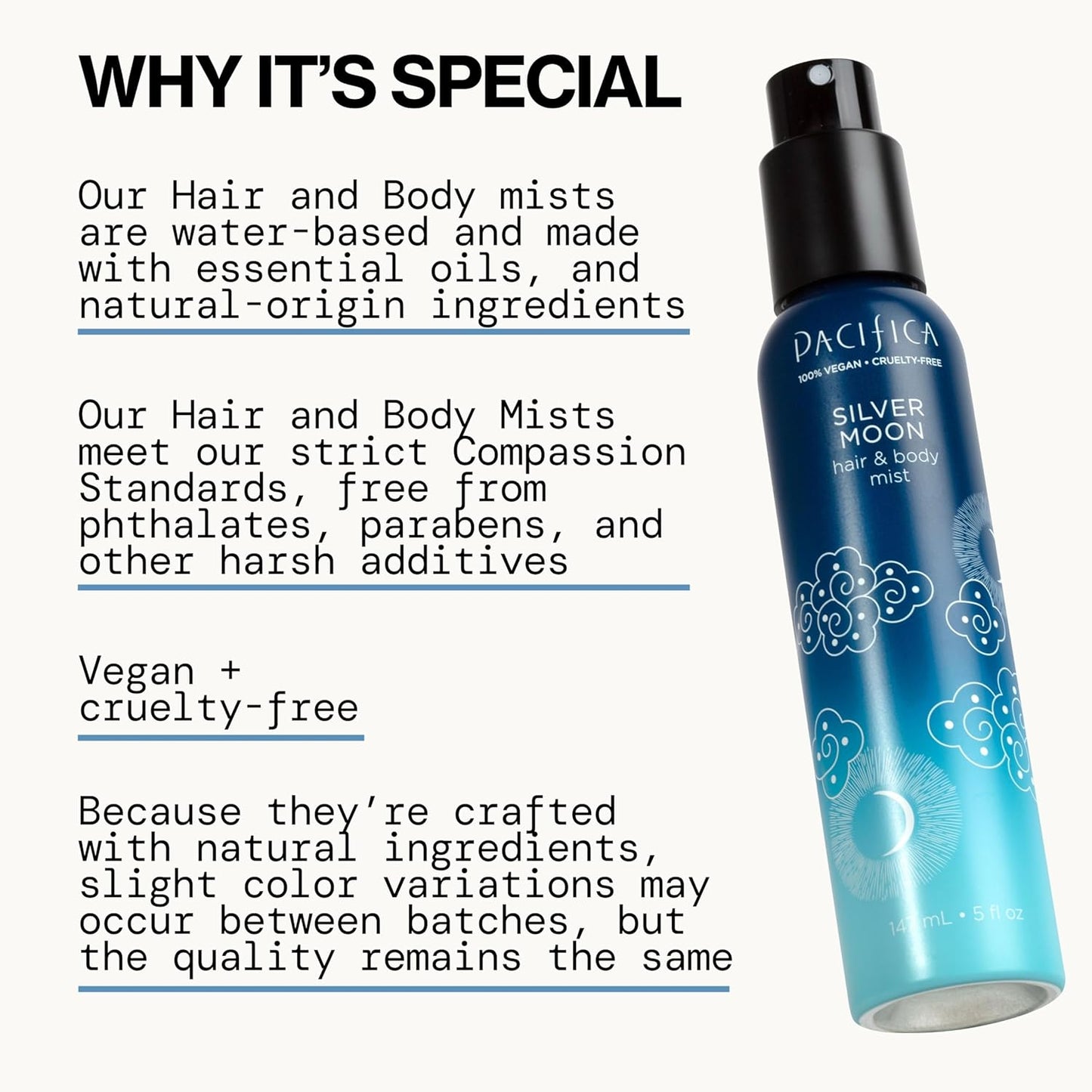 Pacifica Silver Moon Hair Mist Perfume & Full Body Spray for Women - Body Mist Fragrance w/BTonka, Santal, Cardamom, Vanilla Bean, Musk & Amber – Clean Beauty Alcohol-Free, Vegan & Cruelty-Free, 5 oz