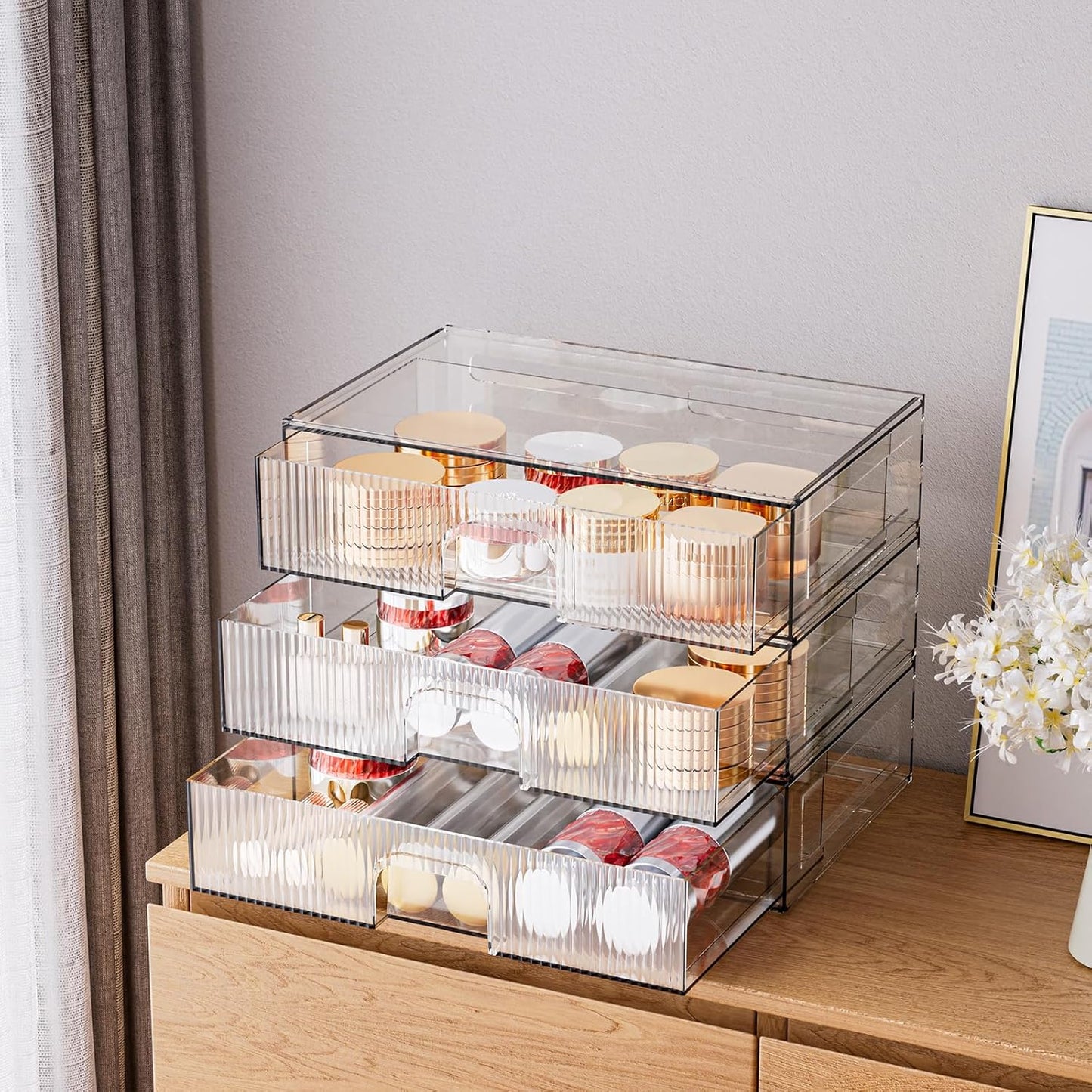 ZHIAI Stackable Storage Drawer, 3 Piece Acrylic Organiser for Cosmetics and Beauty Products, Suitable for Dressers, Bathrooms, Cabinets, Storage Rooms, Bedrooms and Home Organisers