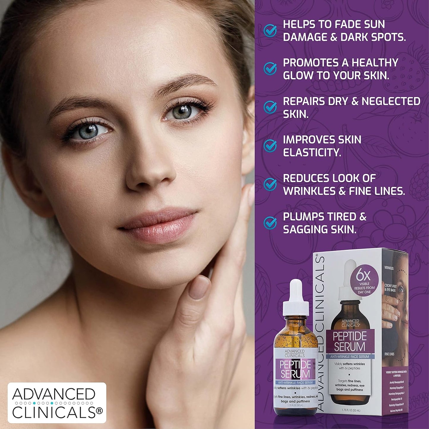 Advanced Clinicals 6X Concentrate Peptides Serum For Face | Hydrating + Firming Anti Wrinkle Collagen Peptide Moisturizer Face Oil W/Vitamin E For Wrinkles, Puffiness, & Uneven Skin Tone, 1.75 Fl Oz