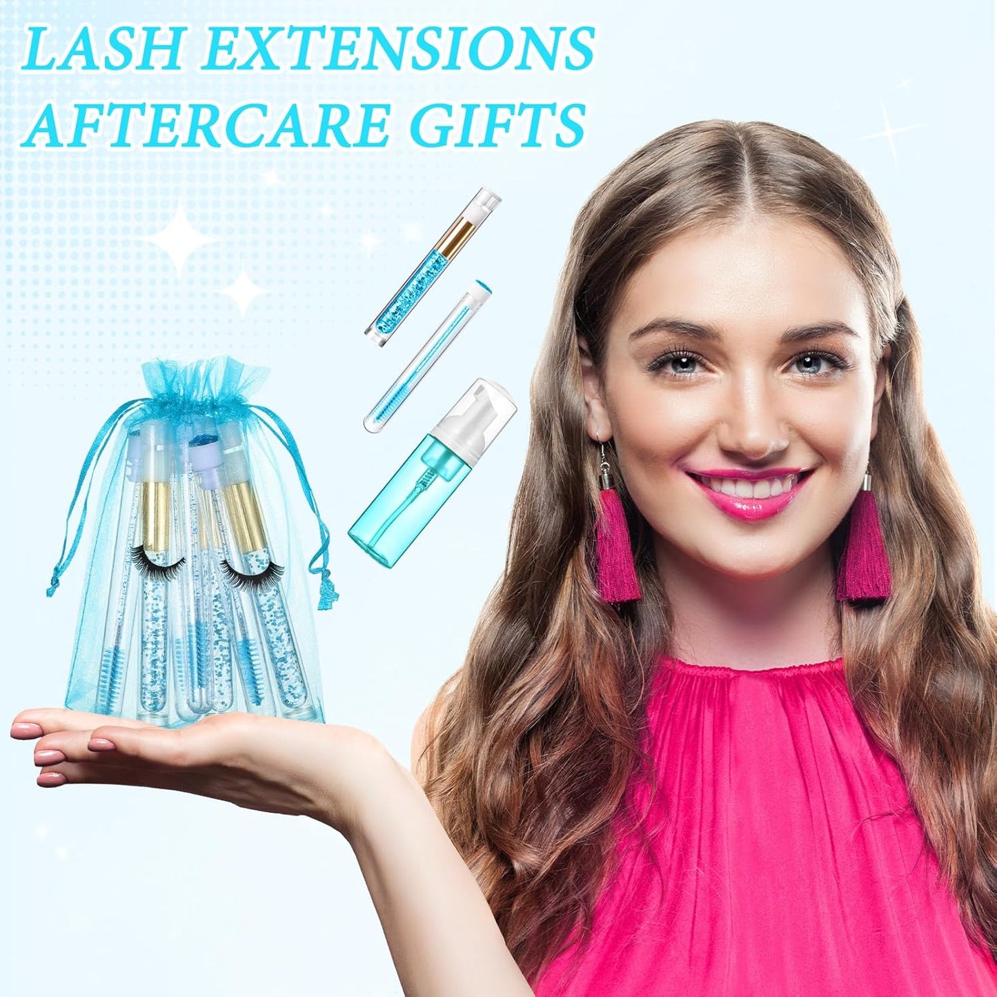 Zhehao 80 Pcs Lash Shampoo Bottle Brushes Kit 20 Foam Pump Dispensers 20 Lash Shampoo Brushes 20 Eyelash Aftercare Bag 20 Cleaning Pipes, Eyelash Extension Supplies(Blue)