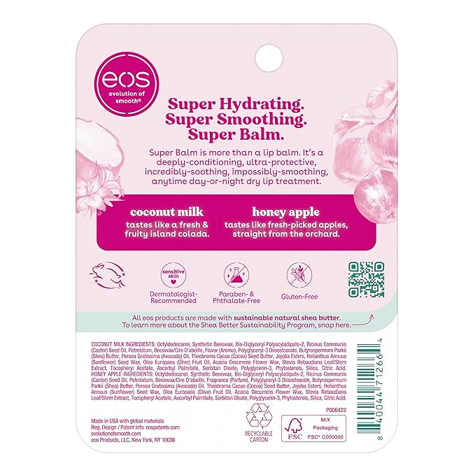 eos 24H Moisture Super Balm- Coconut Milk & Honey Apple, Lip Mask, Day or Night Lip Treatment, Made for Sensitive Skin, 0.35 fl oz, 2-Pack