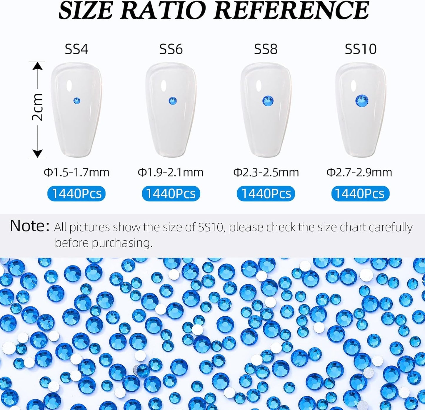 Capri Blue Flatback Rhinestones, Glass Rhinestones for Nail Art and Craft, Glue Fix, Loose Crystal Gemstones(Capri Blue, SS6, 1440pcs, 1.9-2.0mm)