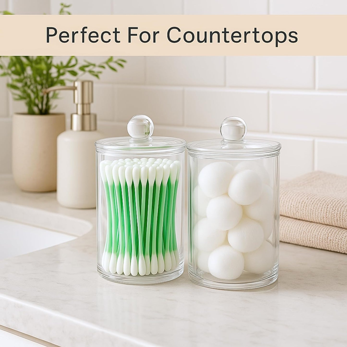 Acrylic Qtip Holder Bathroom Set, Bathroom Containers with Lids, Clear Plastic Apothecary Jars, Q Tip Holder Bathroom Set, Cotton Swab Holder, Cotton Ball Holder (Pack of 2)