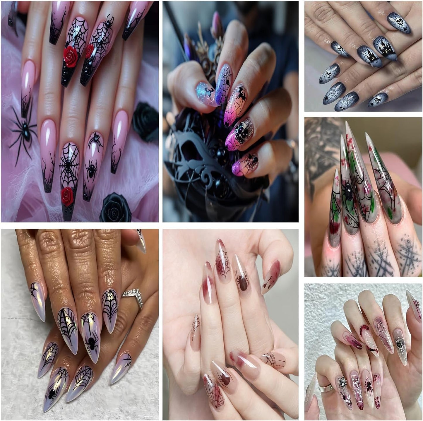 6 Sheets Halloween Nail Art Stickers 3D Self -Adhesive Blood Spider Web Nail Decals Holographic Black Blue Spider Blood Drops Nail Stickers Halloween Nail Decoration for Women Manicure Supplies