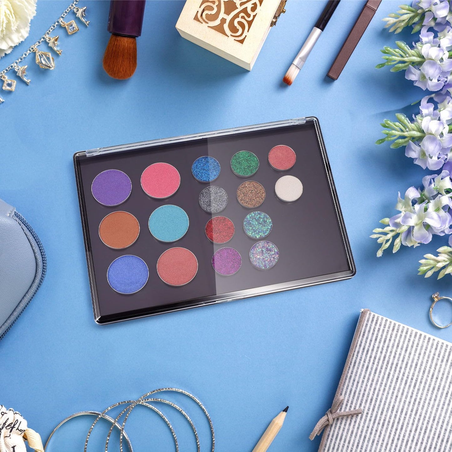 Magnetic Makeup Palette with Clear Top, Empty Eyeshadow Pan Dispensing Storage Box with 40Pcs Adhesive Metal Stickers for DIY Cosmetics Blush Powder(XL Large - 9.25"x6.57")