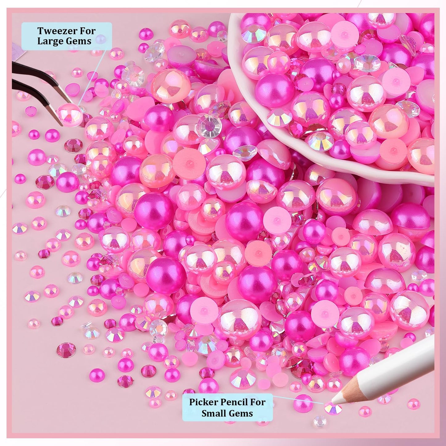 9000Pcs Flatback Pearls and Rhinestones for Crafting, Hot Pink Light Pink Mixed Size 3-8mm Resin Rhinestones and Half Pearls for Bedazzling, Nail Art and Decoration with 3pcs B7000 Jewelry Glue