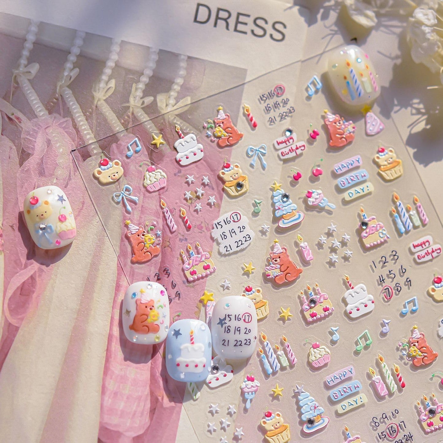 Cartoon Nail Stickers 3D Self-Adhesive Kawaii Animal Nail Supplies Cute Brown Bear Nail Decals 5D Embossed Birthday Party Candle Cake Nails Designs for Women Manicure DIY Nail Art Decorations