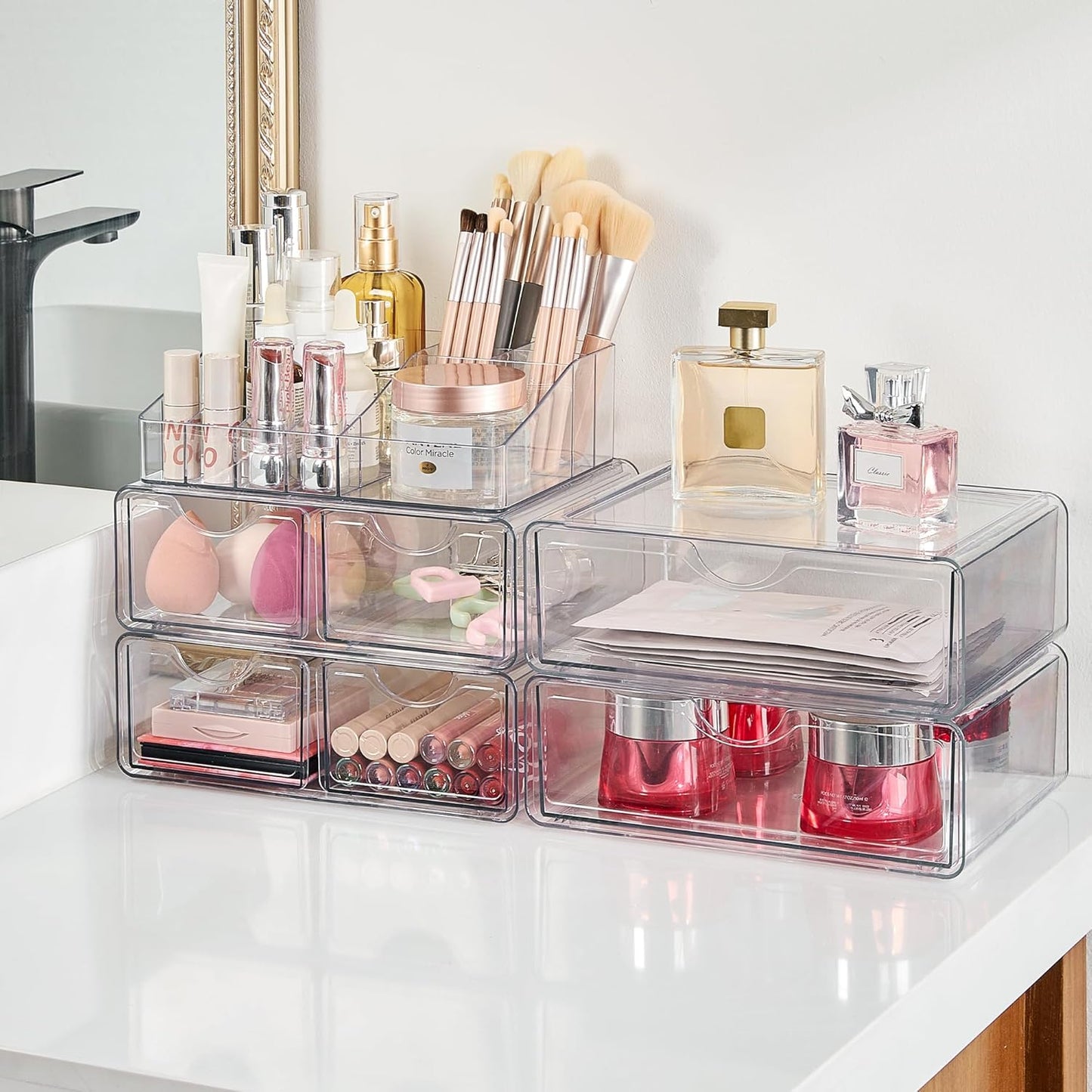 Vtopmart 5 Tier Clear Makeup Organizer with Drawer, Cosmetic Storage for Dresser Countertop and Bathroom Vanity, Beauty Holder for Lipstick Brush Skincare
