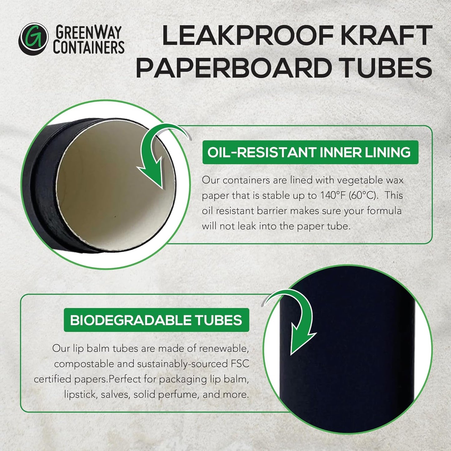 GreenWay 0.15oz / 4.25g Kraft Paperboard Lip Balm Tubes with Lids - 50 Pack Lip Gloss Tubes Refillable DIY Cosmetic Containers – Extra Thick Push-Up Bottom Lip Balm Containers - White