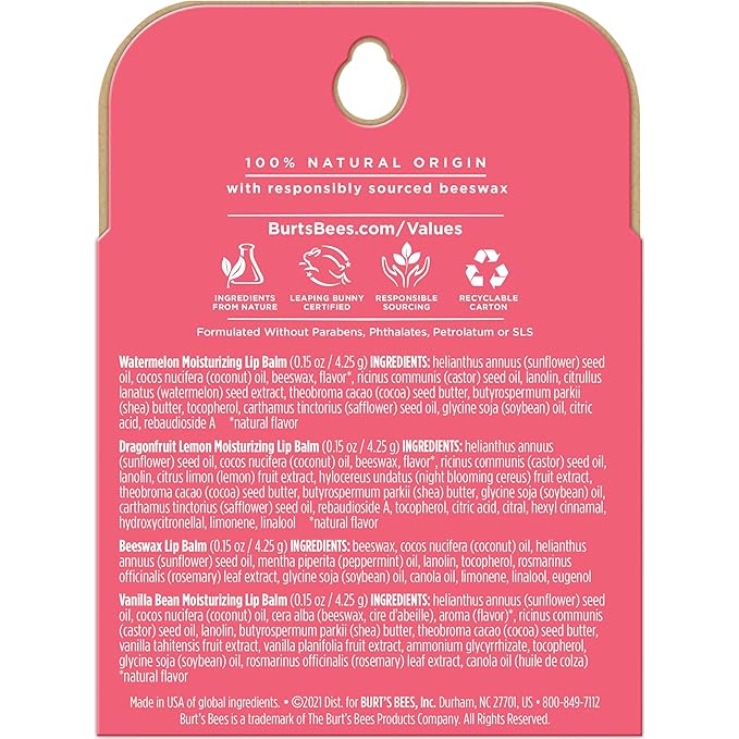 Burt's Bees Lip Balm, Moisturizing Lip Care, 100% Natural, Discover U - Original Beeswax, Watermelon, Dragonfruit Lemon & Vanilla (4 Pack)