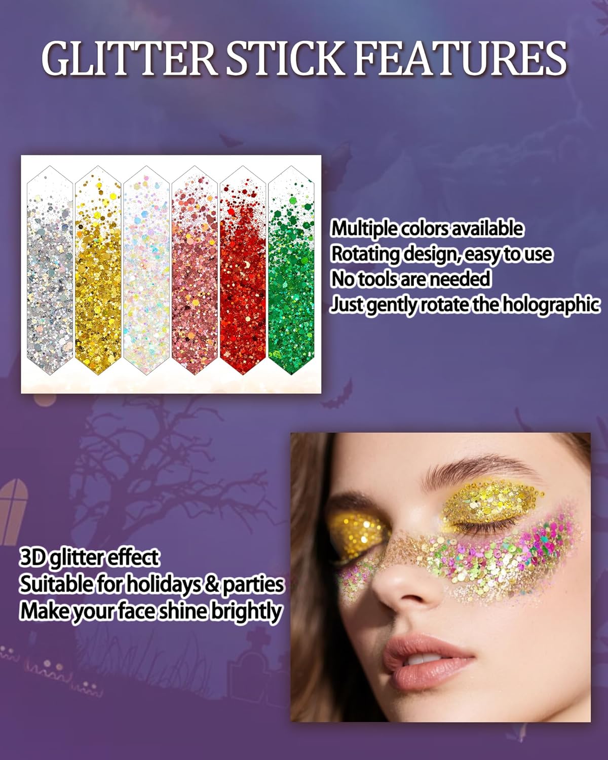 Body Glitter Stick, Waterproof Long Lasting Sparkling Face Shimmer Makeup, Singer Concerts Disco Music Halloween Festival Rave Accessories, Holographic Chunky Sequins Hair Stick,Gift for Women girl-02