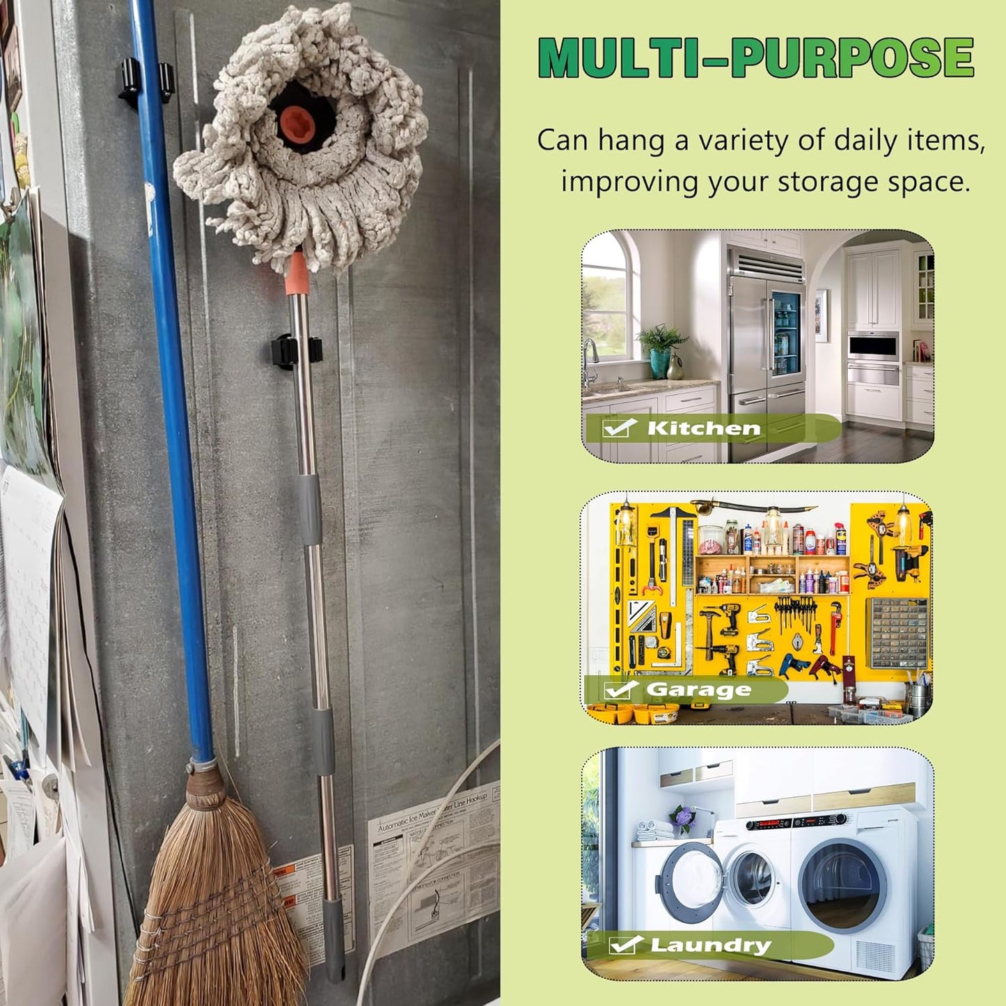 ULIBERMAGNET Magnetic Mop Broom Holder,Heavy Duty Movable Magnetic Broom Holder Rack,Anti-slip Wall Mounted Utility Storage Mop Shovel Hanger for Garage, Kitchen, Laundry, Garden(8 Pack/Black)