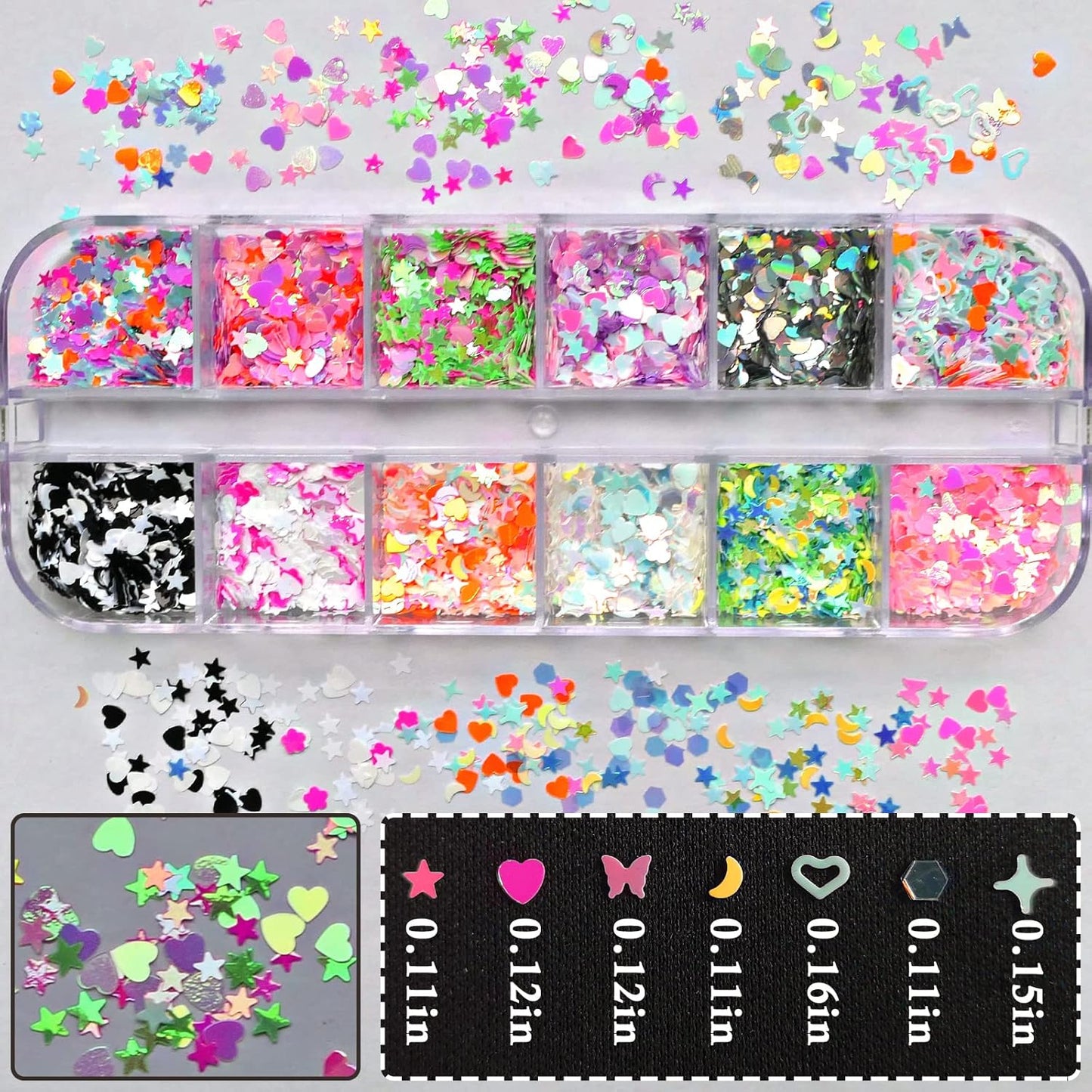 AddFavor 4 Boxes Nail Glitter Luminous Mermaid Chunky Glitter Flakes Fluorescent Mixed Shaped Flower Heart Star Nail Sequins Decals for Nail Art/False Eyelash Decor