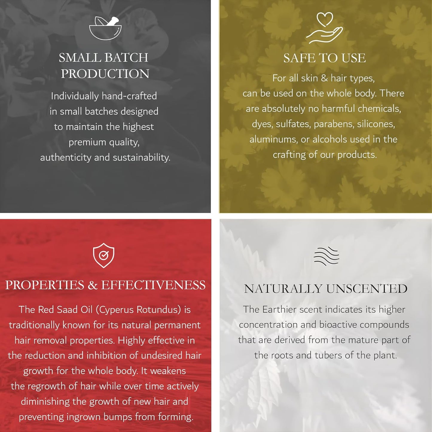 Pure Red Saad Oil (Egyptian Cyperus Rotundus) | Silky Serum Unscented by Hadirose Concentrated | Organic All Natural Hair Removal | Hair Growth Inhibitor | Natural Scent | Made in the USA.