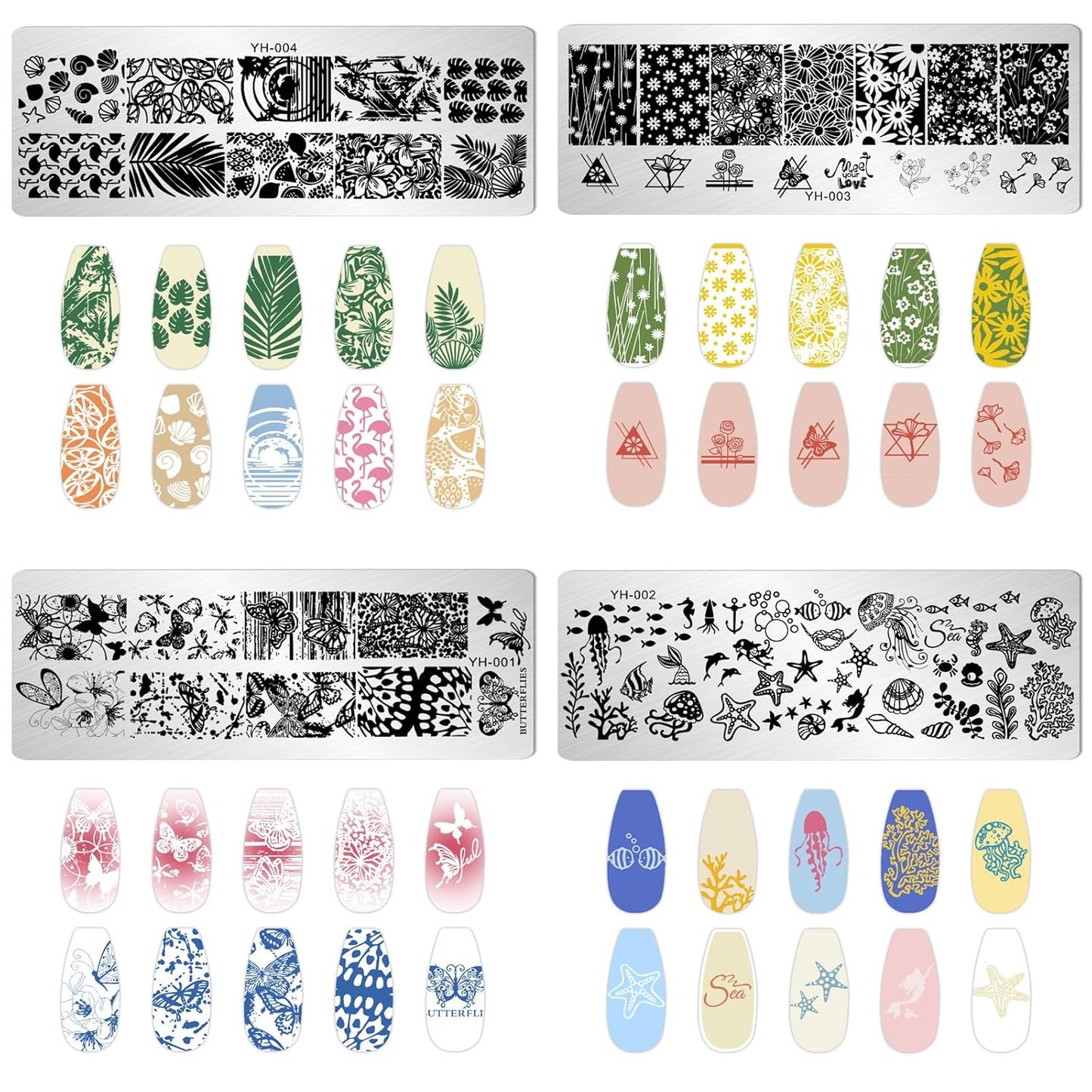AddFavor Nail Stamper Kit 8pcs Nail Stamping Plates Flower Leaves Geometric Butterfly Image Nail Stencils with Silicone Stamp and Scraper for Women Girls Summer Nail Art Design Supplies Tools