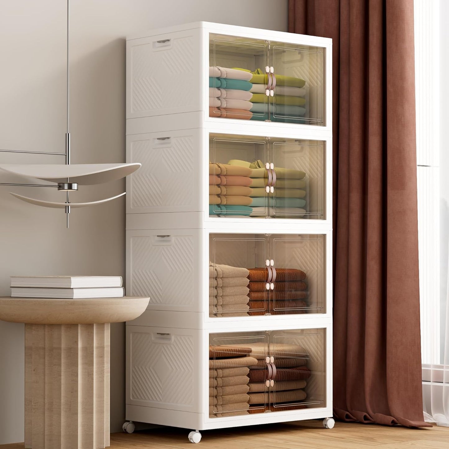 JOYMOOP Folding Storage Bins Organizer, 336 Quart Collapsible Storage Boxes with Wheels and Door, Stackble Plastic Storage Container for Clothing, Books and Sundries (XXL, 21 Gal Per, 4 Tiers)