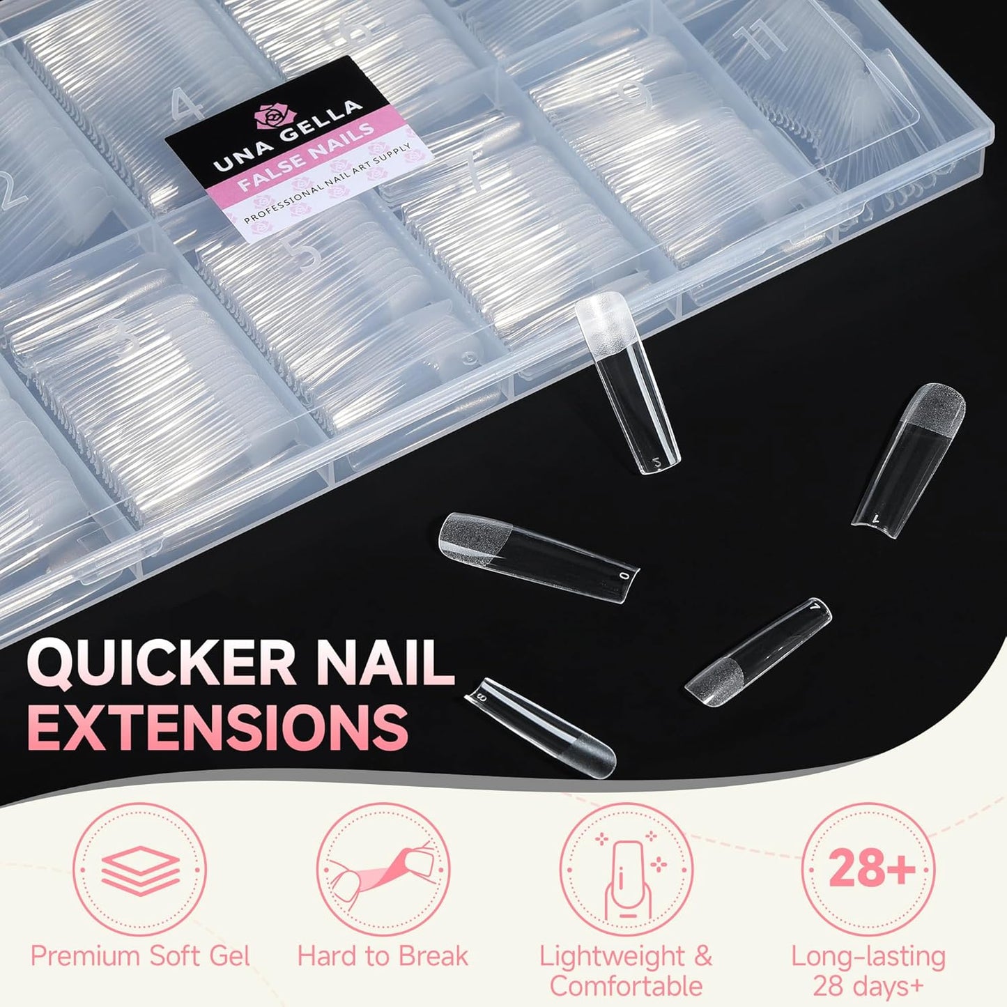 UNA GELLA Nail Tips Sqaure Extra Long Tapered Sqaure Nail Tips 504pcs XXL Clear Fake Nails Full Cover Square Gel Tips for Acrylic Nails Tips for Press on Nail Extensions Home DIY Salon 12 Sizes