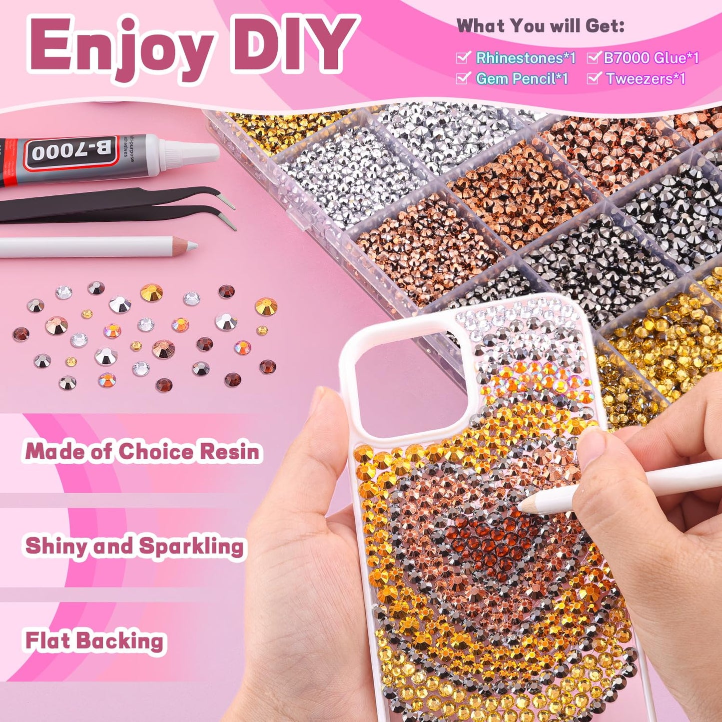 20000Pcs Metallic Rhinestones for Bedazzling with 1Pcs B7000 Jewelry Glue, Resin Rhinestones for Crafting Crafts DIY, Bedazzler Kit Gems for Clothing Shoes Tumblers Nail Art Assorted Size 3/4/5/6mm