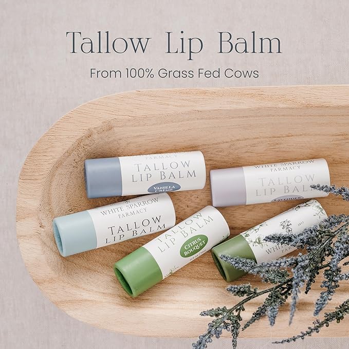 Organic Tallow Lip Balm (Vanilla Crème) from Grass Fed Cows. Super hydrating with Tallow, Olive Oil, Honey, and Beeswax. Sustainable Cardboard Tubes & Hand Filled. Jumbo Size 0.5 oz.