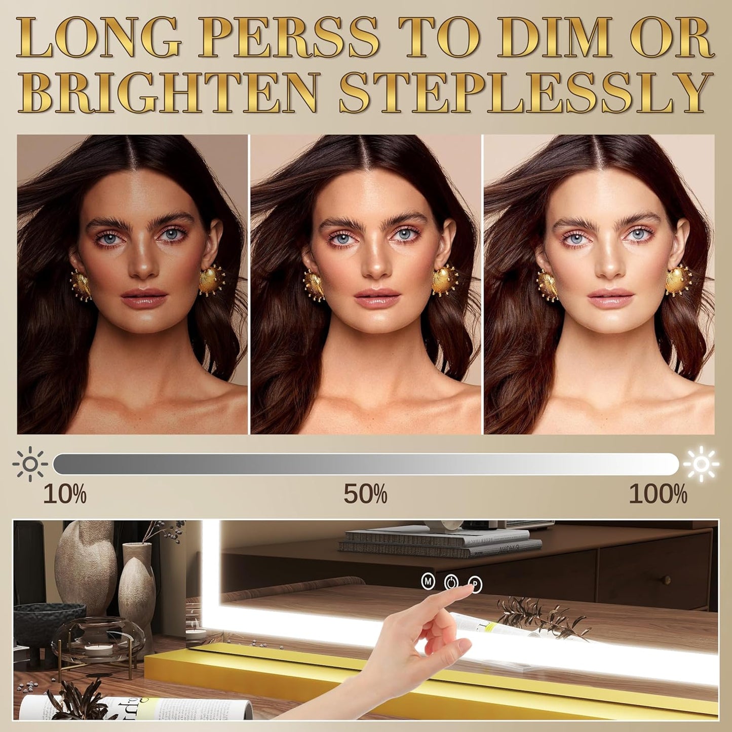 Gold Vanity Mirror with Lights 23x18 Inch, 3-Color Dimmable LED & Touch Control - Large Makeup Mirror for Dressing Room (Wall/Tabletop Mount)