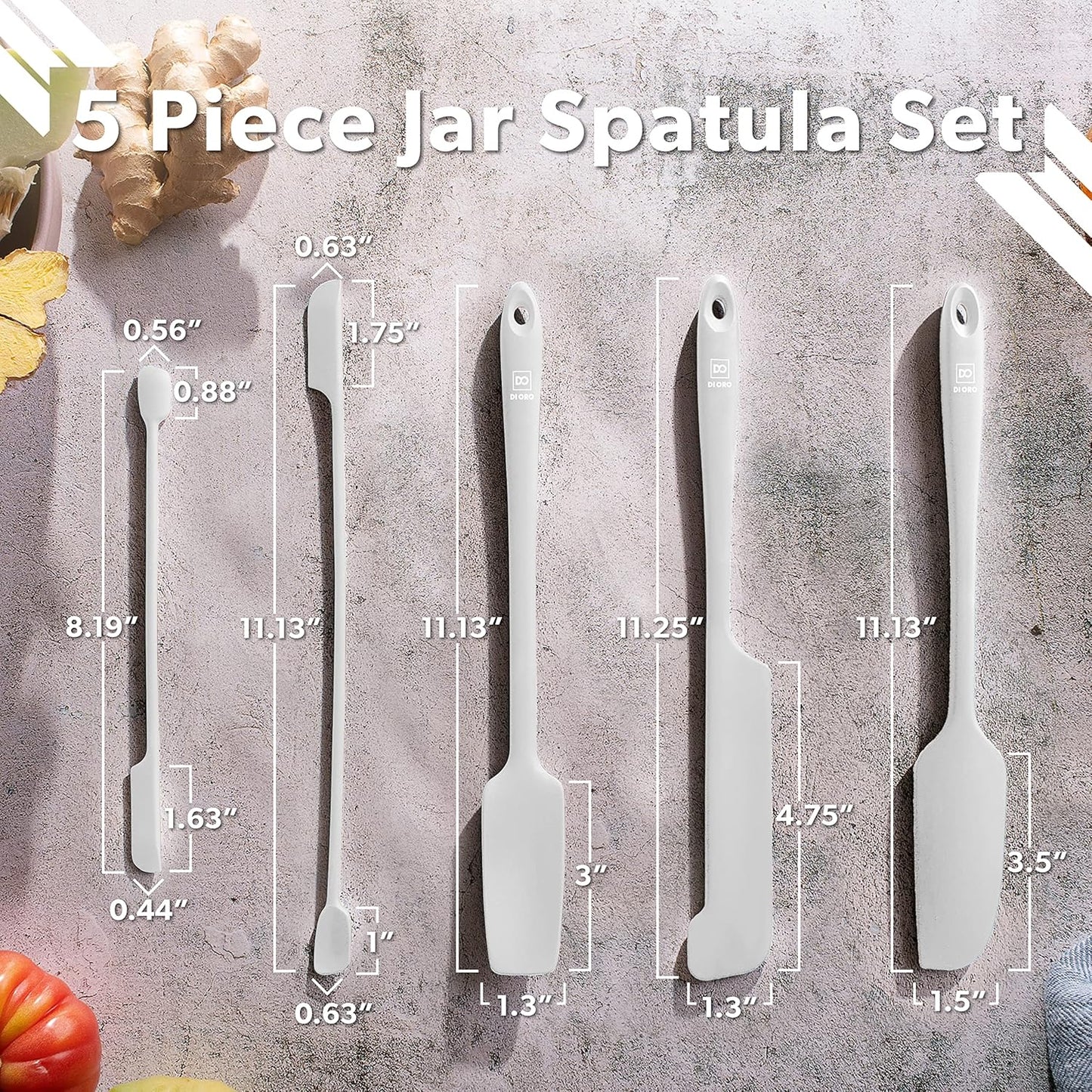 DI ORO Silicone Jar Spatulas for Scraping - Rubber Spatulas Silicone Heat Resistant - Kitchen Spatulas Nonstick Cookware Safe - Silicone Utensil Set for Blenders, Mixing, Baking, & Makeup (5pc, Stone)