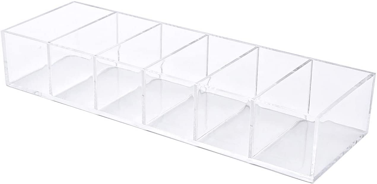 Acrylic Makeup Organizer Cosmetic Storage Makeup Display Case Lipstick Holder Dispenser Adjustable Canister Bathroom Container (10 x 3.4 x 1.9 inches, 6 Partitions, Transparent)