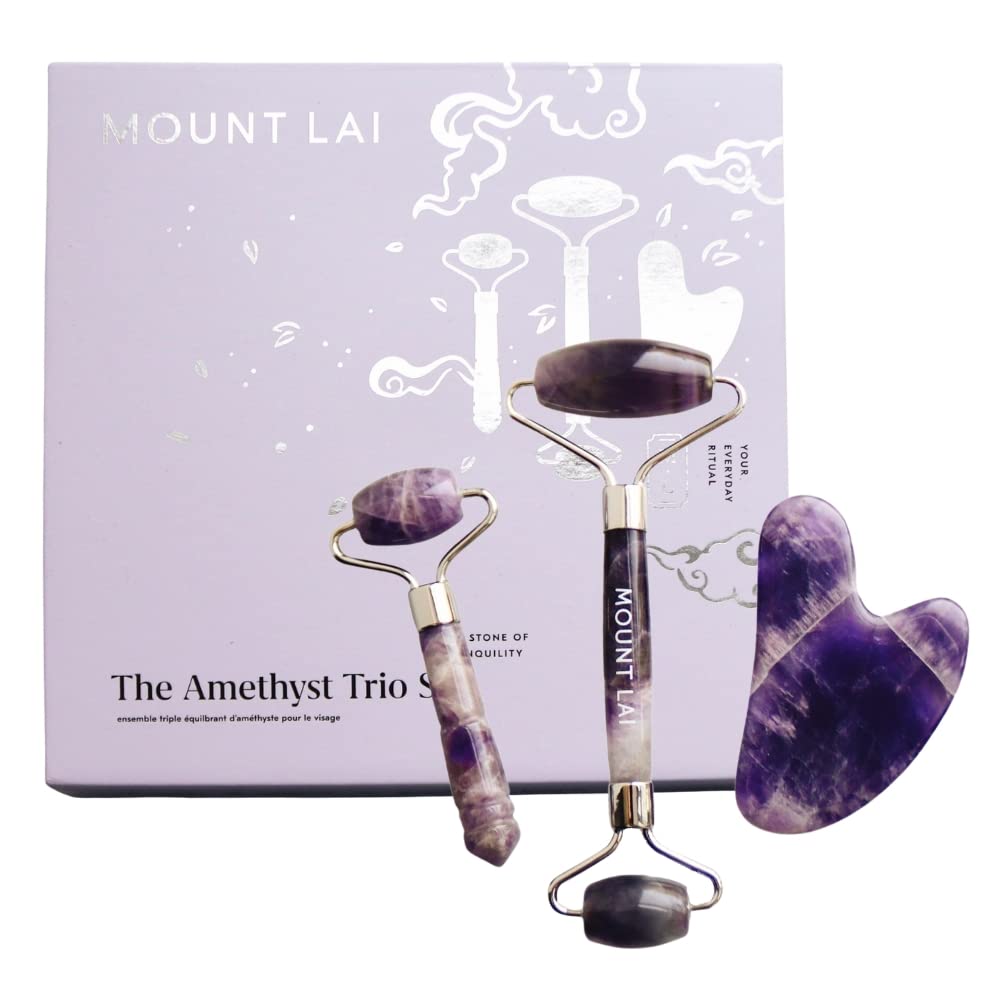 Mount Lai Amethyst Trio Calming Facial Set, Facial Roller and Amethyst Gua Sha Facial Tools Set, Guasha Tool for Face to Relieve Muscle Tension and Reduce Puffiness, Anti Aging Skin Care Sets