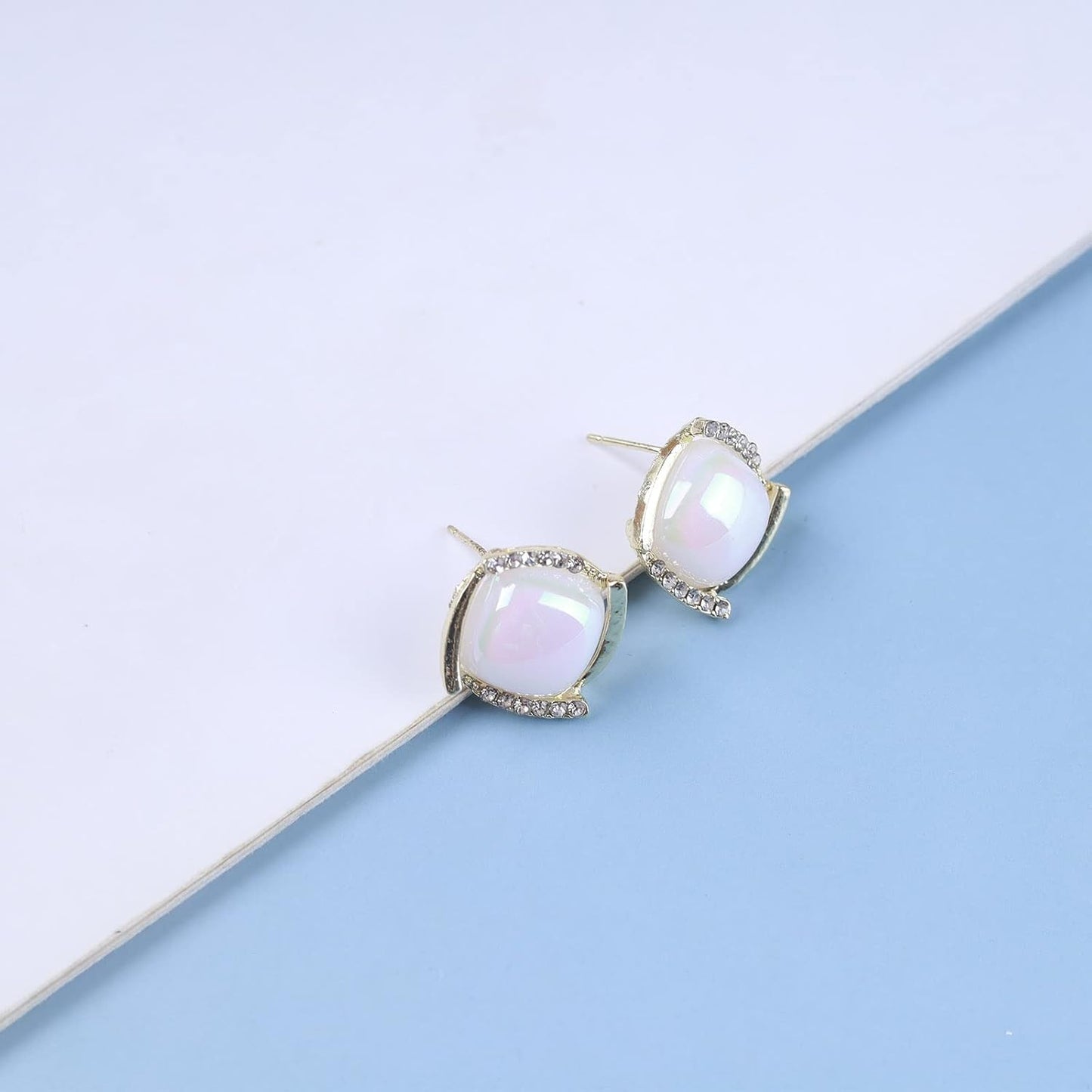 Vintage Crystal Square Earrings Moonstone Square Stud Earrings Gold Rhinestone Opal Stone Earrings Geometry Moonstone Earrings Jewelry for Women