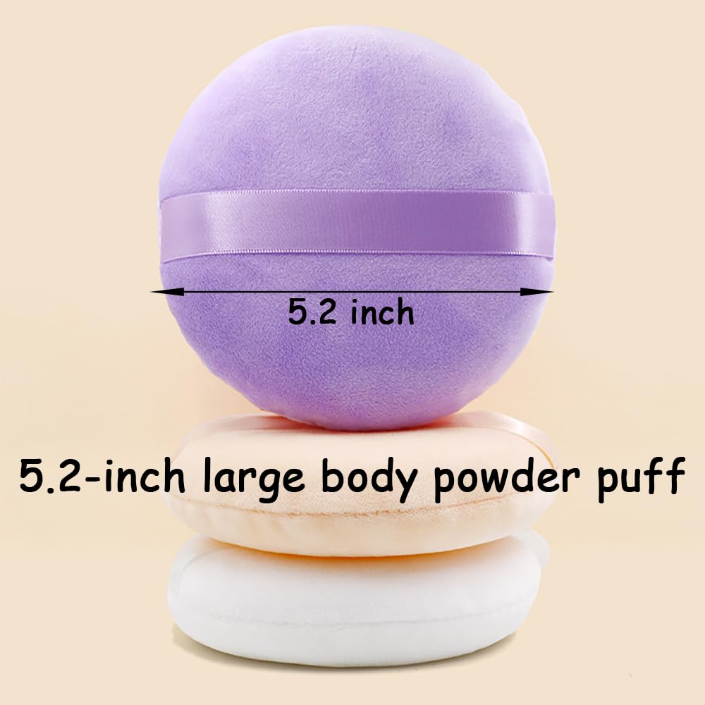 2 Pack Extra Large 5.2" Beige & Purple Powder Puffs and 5.3" Glass Container – Oversized Soft Body & Face Large Powder Puff Dusting Powder Jar Holder Case(Dazzling colors Glass)