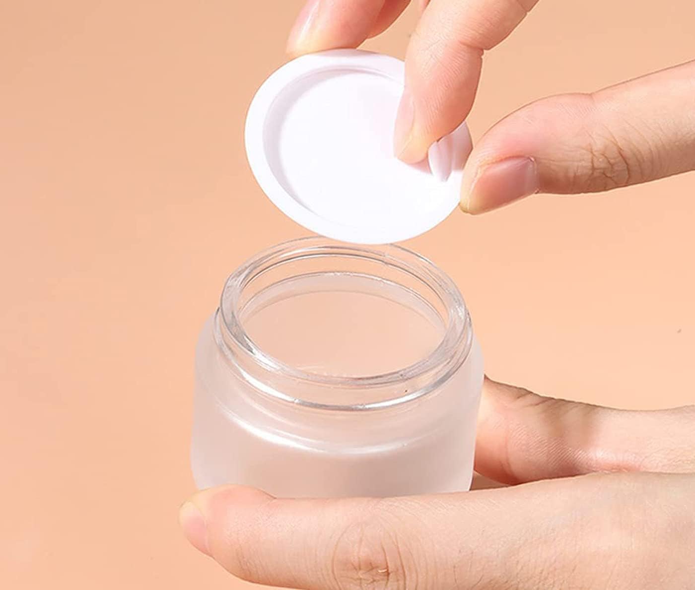 50 Gram/50 ml Empty Sample Jars Round Frosted Glass Bottle Cosmetic Cream Jar Wood Grain Lid Cosmetic Container Glass Cream Box Refillable Cream Pot Jars for Lip Balm Lotion Eyeshadow,4 Pack