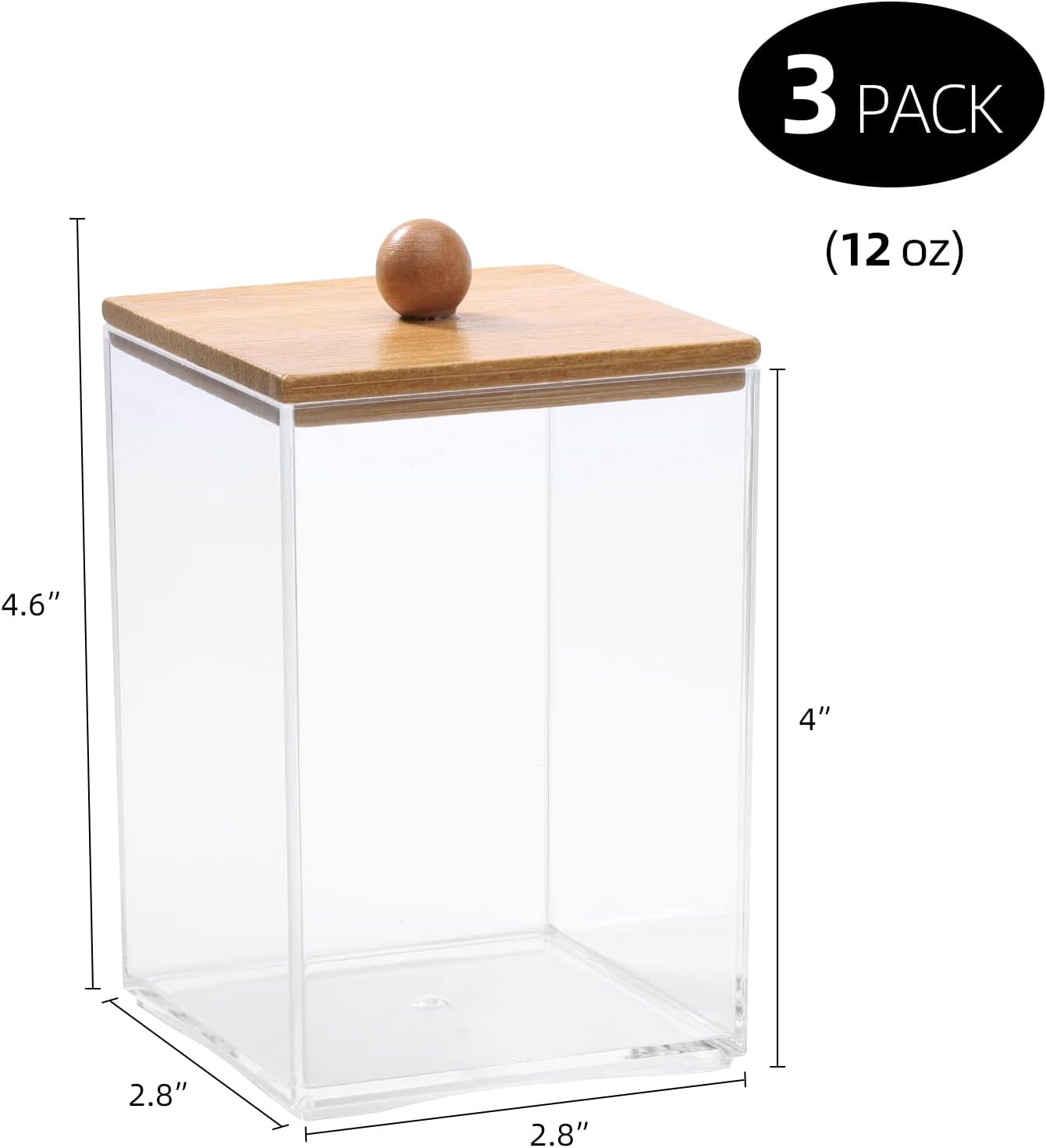 Tbestmax 3 Pack Square Qtip Holder - 12 oz Bathroom Organizers and Storage Containers, Plastic Apothecary Jars with Bamboo Lids for Cotton Ball, Cotton Swab, Floss