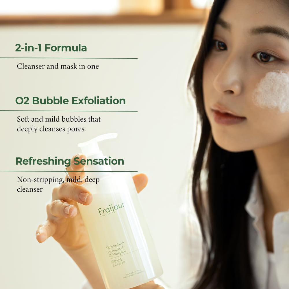 Herb Wormwood O₂ Mask Pack – Korean Oxygen Bubble Face Mask for Sensitive, Oily & Acne-Prone Skin, Exfoliating with AHA BHA, Tea Tree & Peppermint, Smooths & Refreshes, 10.1 fl.oz.