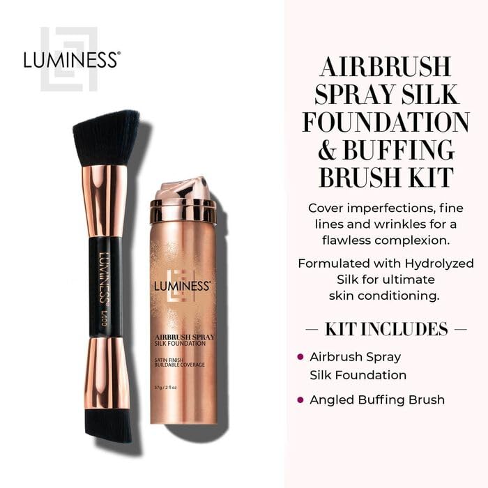 LUMINESS Silk Airbrush Spray Foundation & Buffing Brush Kit – Full Coverage Foundation & Dual-Sided Buffing Brush - Buildable Coverage, Anti-Aging Formula Hydrates & Moisturizes (Shade - Tan)