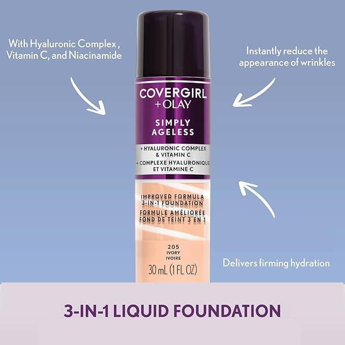 CoverGirl & Olay Simply Ageless 3-in-1 Liquid Foundation, Matte Finish, Hyaluronic & Vitamin C Formula, Golden Beige, 1 Count