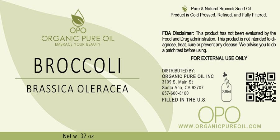 Broccoli Seed Oil - Pure, Refined, Filtered, Non-GMO, Unscented, Deodorized, Virgin Carrier Oil - 32 oz - Hydrating, Moisturizing, for Skin, Hair, Nails, Body