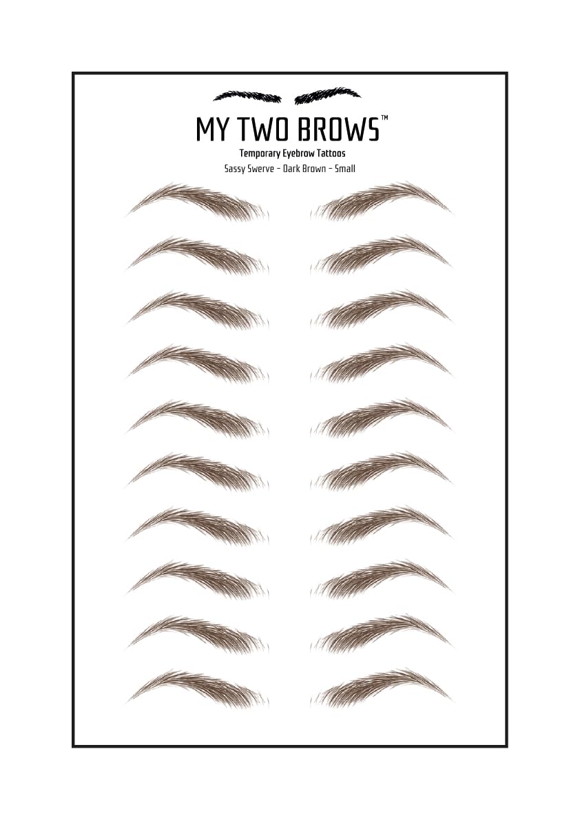(10 pairs) Dark Brown Temporary Eyebrow Tattoo - Small Size - Waterproof & Smudgeproof - Sassy Swerve Style Eyebrow Stickers - Sheet Lasts up to 30 Days - Won't Work on Existing Brows