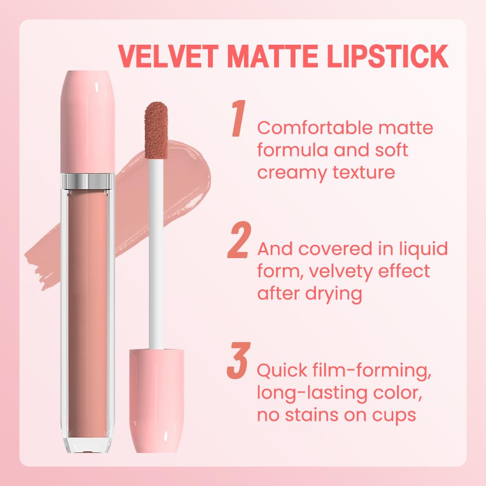 BINGBRUSH Super Matte Longwear No-Budge Stay On Smudge Proof Liquid Lipstick Long Lasting Makeup for Women,Highly Pigmented Color and Instant Shine, Cheeky