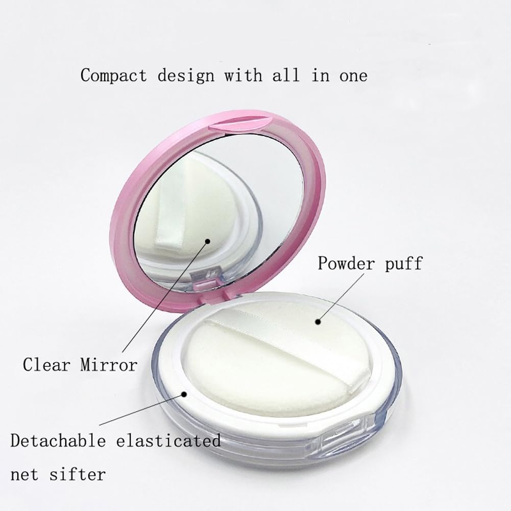 Empty Plastic Loose Powder Compact Container with Velvet Powder puff Mirror and Elasticated Net Sifter,Empty Reusable Powder box, 5g Portable DIY Makeup Powder case